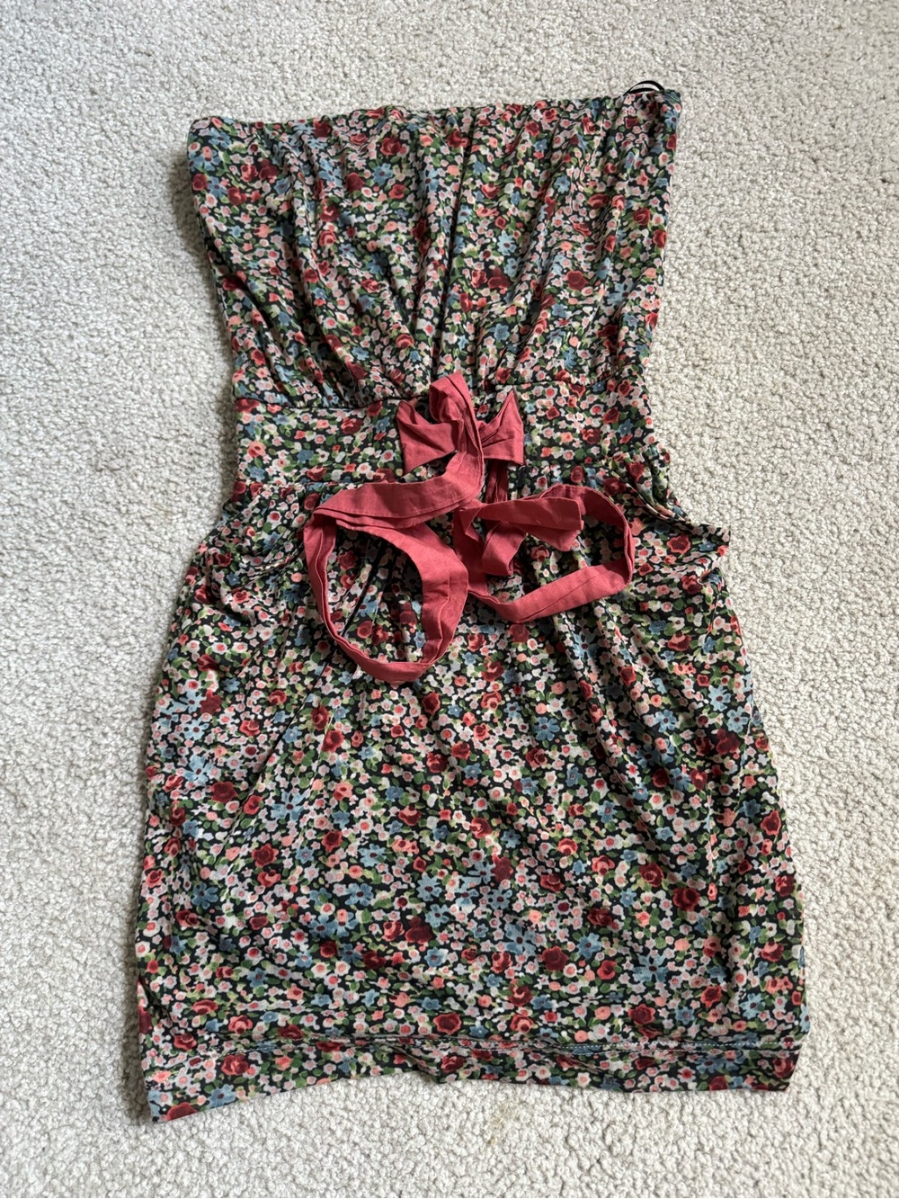 Floral Strapless Midi Dress with Rose Pink Waist Tie